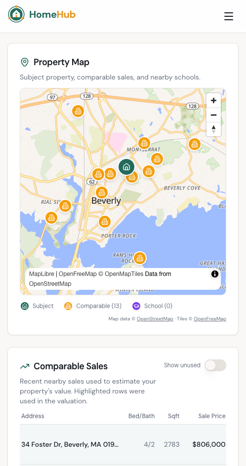 HomeHub property map and comparable sales